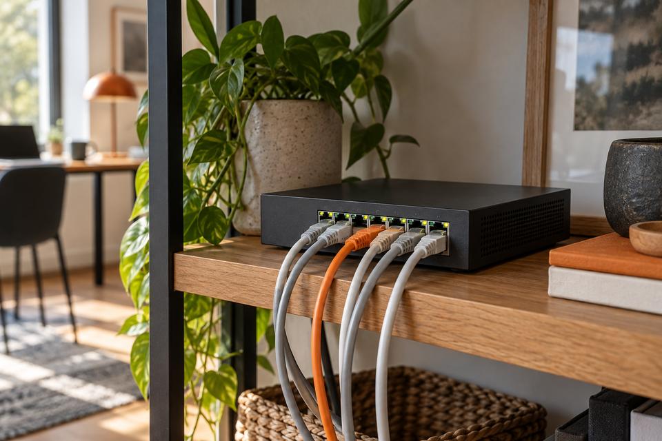 Netværksswitch med tilsluttede kabler