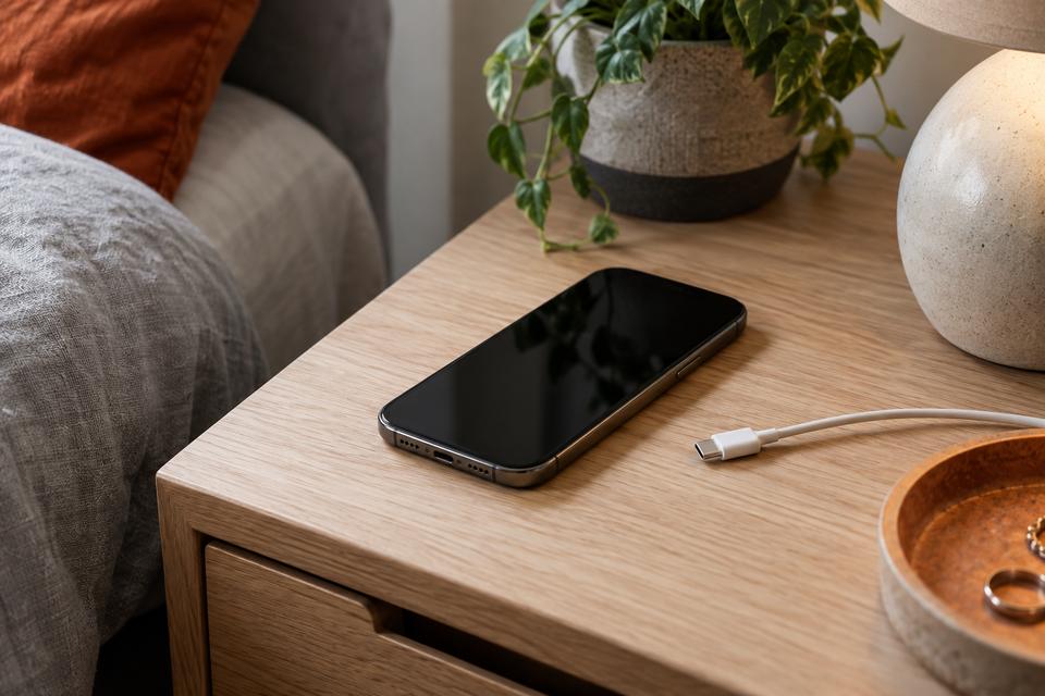 Telefon med slukket skærm ved et ladekabel