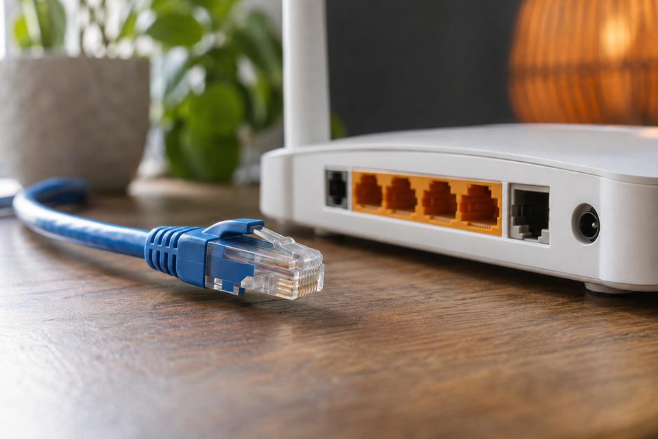 Ethernetstik ved en routers tilslutninger