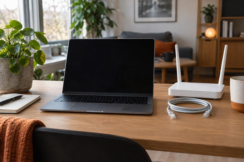 Computer, router og netværkskabel på et skrivebord